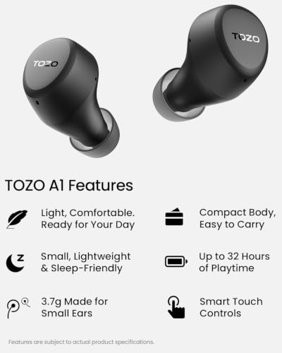 TOZO A1 Wireless Earbuds Bluetooth 5.3 Light Weight in Ear Headphones, IPX5 Waterproof, 2 Mics for AI Calls, Immersive Premium Sound 3